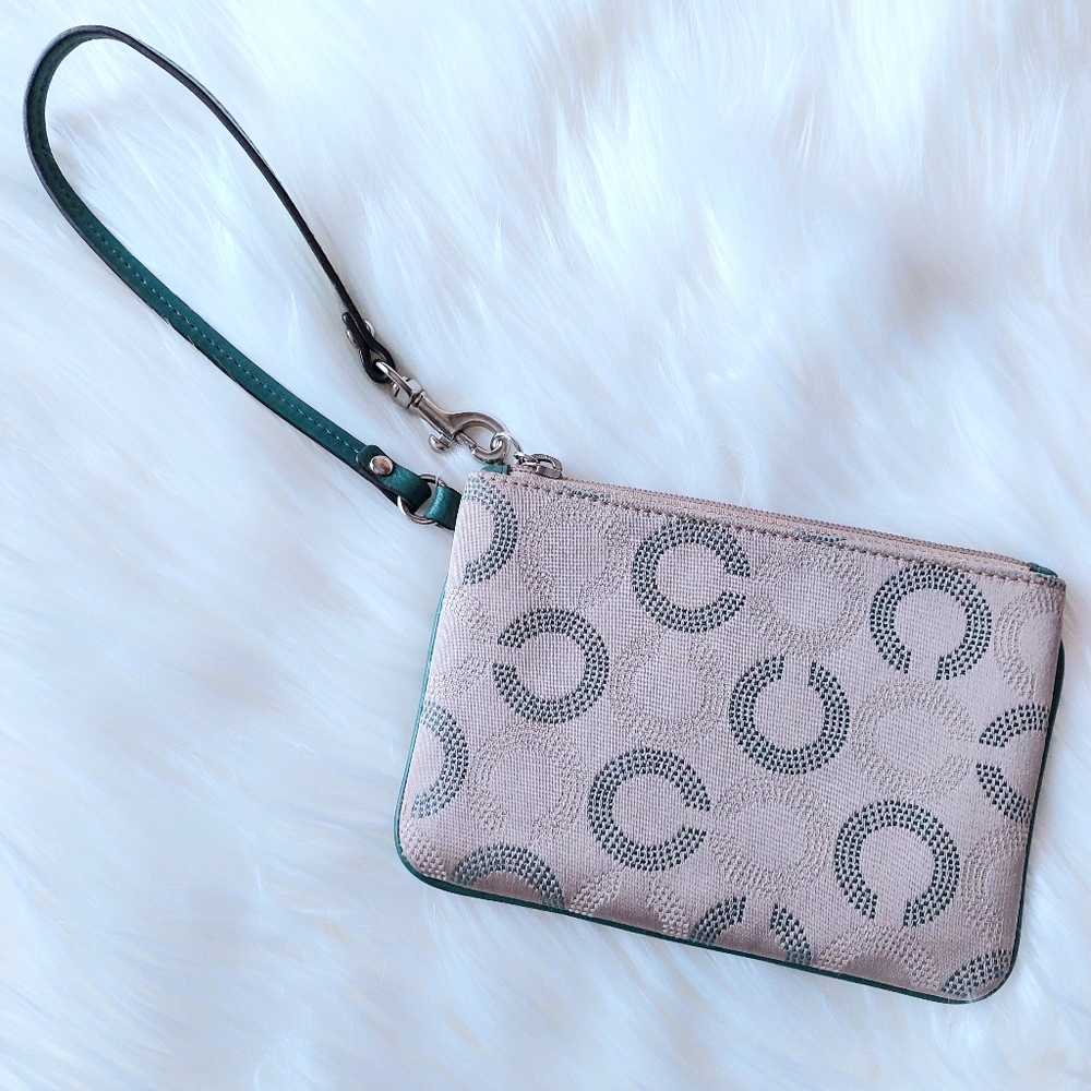 Coach Signature Wristlet in Green/Taupe/Cream